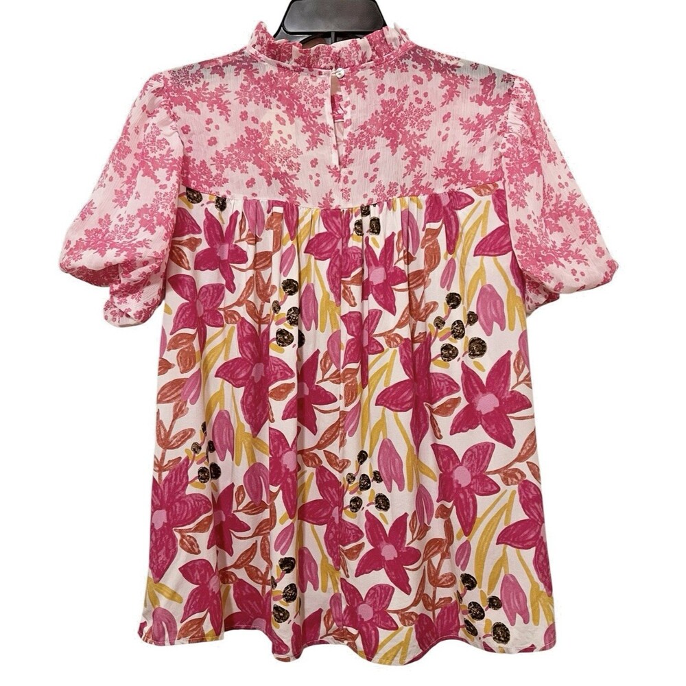 Anthropologie JODIFL Pink/White Floral Top Puff Sleeve Ruffle Collar S NWT - Picture 2 of 9